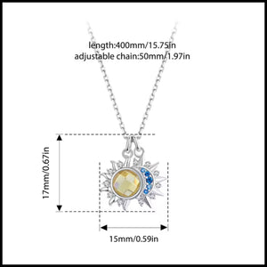 Moon and Star Silver Necklace with blue zirconia stones, adjustable chain, celestial pendant design, 15mm by 17mm charm size