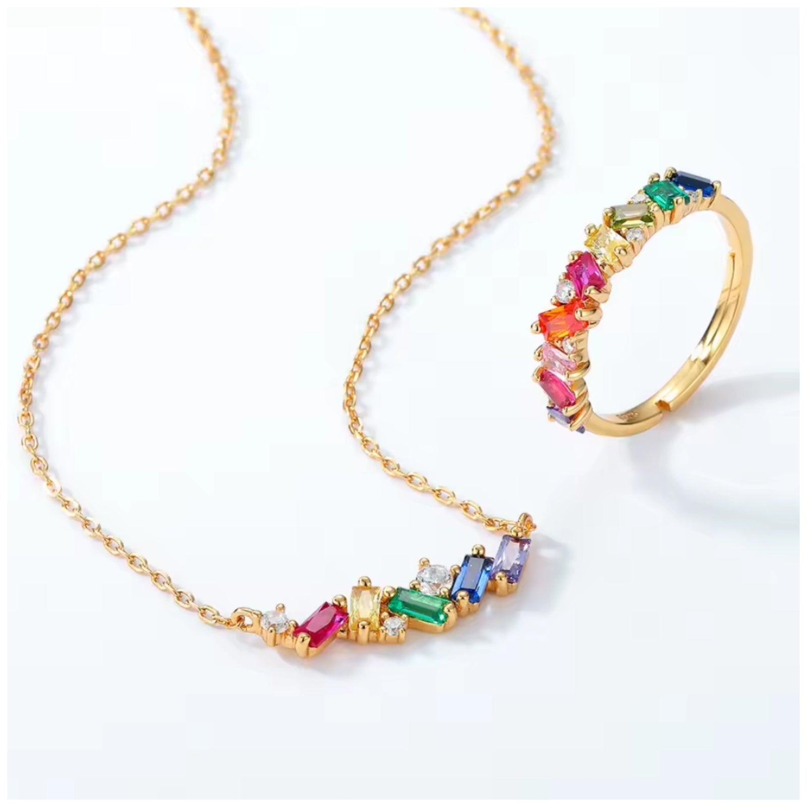 Gold-plated multi coloured jewellery set with vibrant stones necklace and adjustable ring