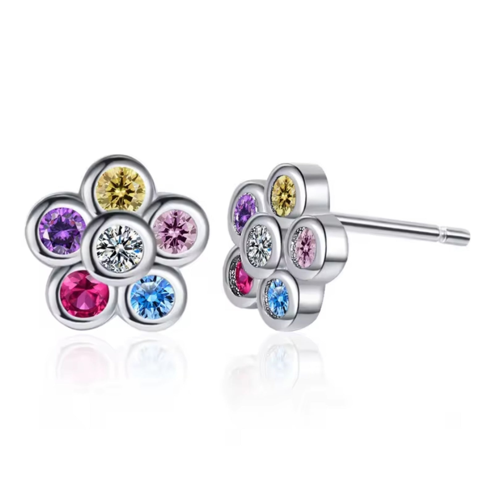 Multi-coloured flower design silver stud earrings with vibrant zirconia stones
