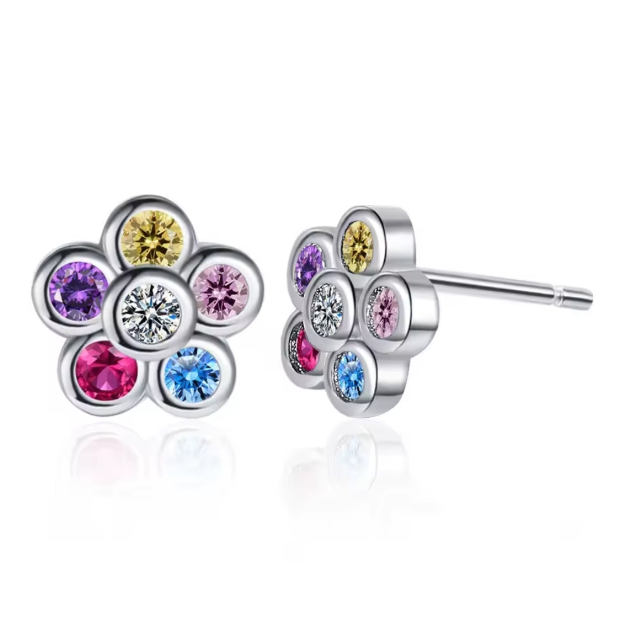 Multi-coloured flower design silver stud earrings with vibrant zirconia stones