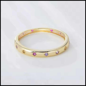 R&C Minimalistic Gold Multi-coloured band ring with zirconia star stones on gold-plated silver band