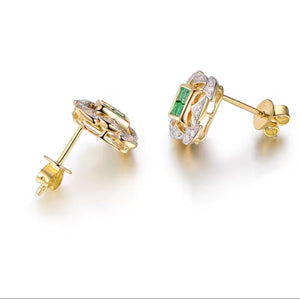 Emerald Diamond 18k Yellow Gold Earrings with rectangular green stones and sparkling clear accents in ornate gold settings.