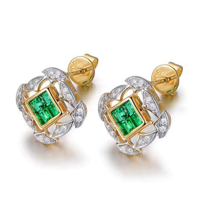 Emerald Diamond 18k Yellow Gold Earrings with square green emeralds, diamond-set white gold loops and gold posts.
