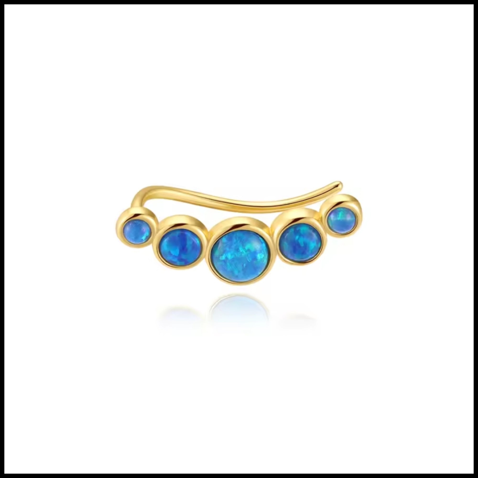 Gold earrings with blue opal stones on a white background