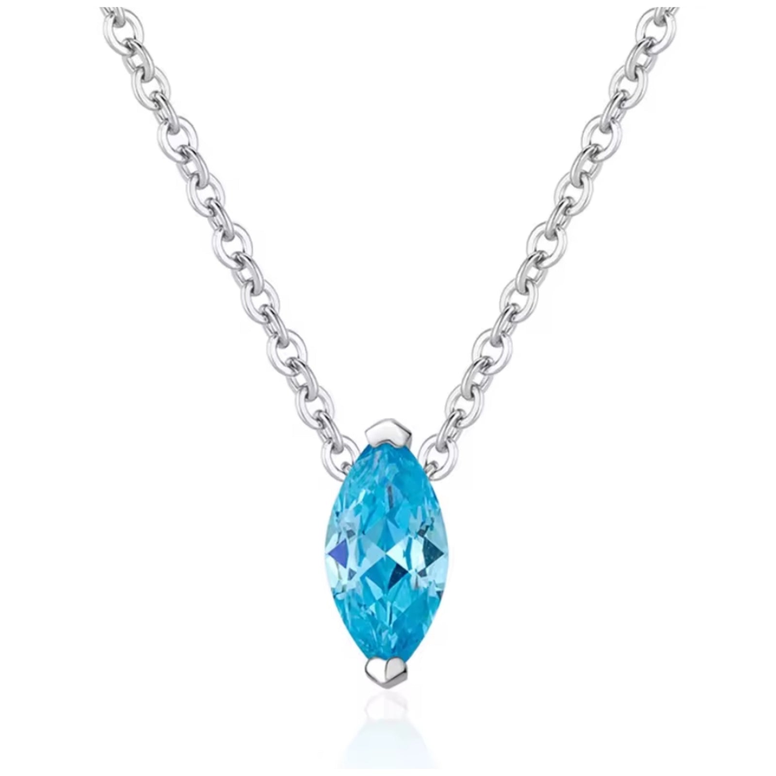 Blue zircon necklace with oval-cut blue zircon stone on silver platinum plated chain