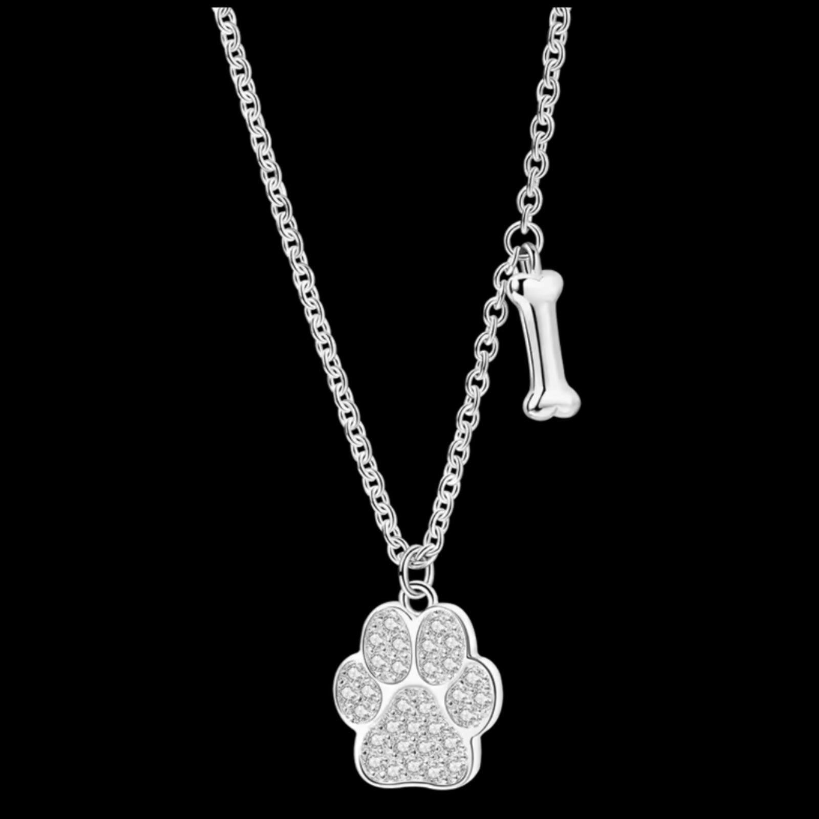 Sterling silver paw print necklace with cubic zirconia stones and bone charm on 45cm chain