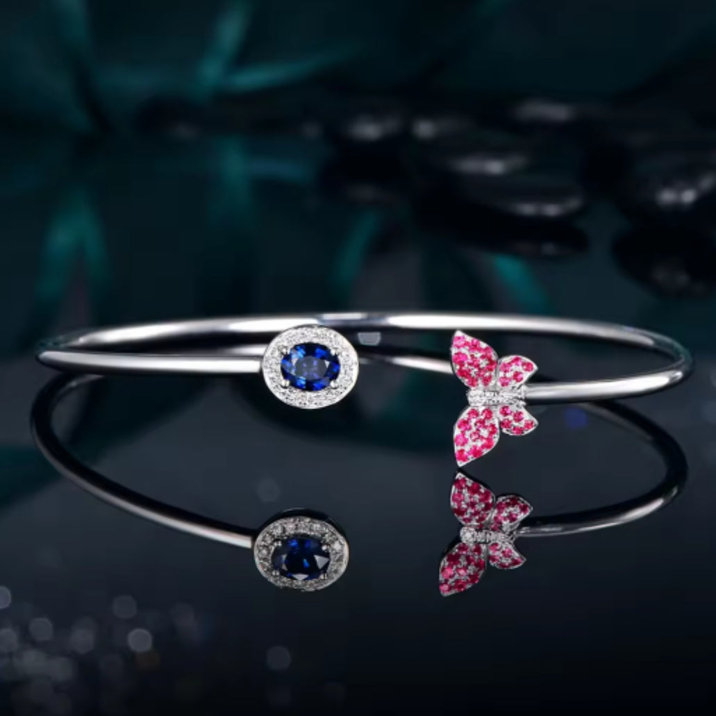 Pink Butterfly,Blue Sapphire & Diamond Bangle Bracelet