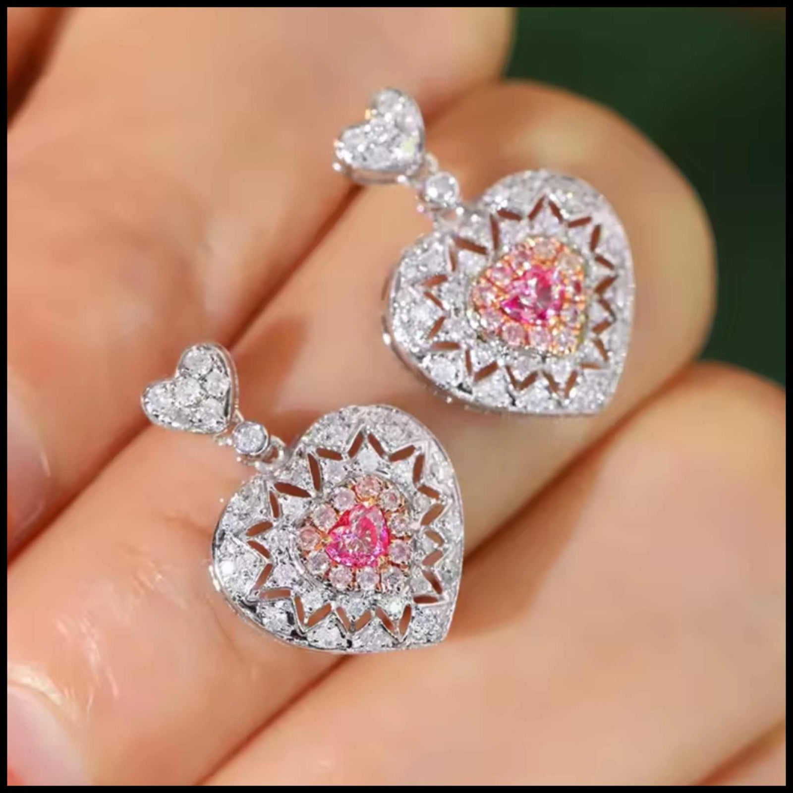 Pink and white heart diamond earrings in 18k white gold with 0.80ct total diamonds