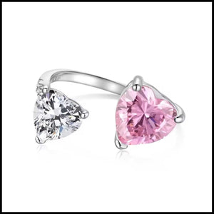 Double Heart Adjustable Silver Ring with pink and clear heart-shaped stones on an open silver band