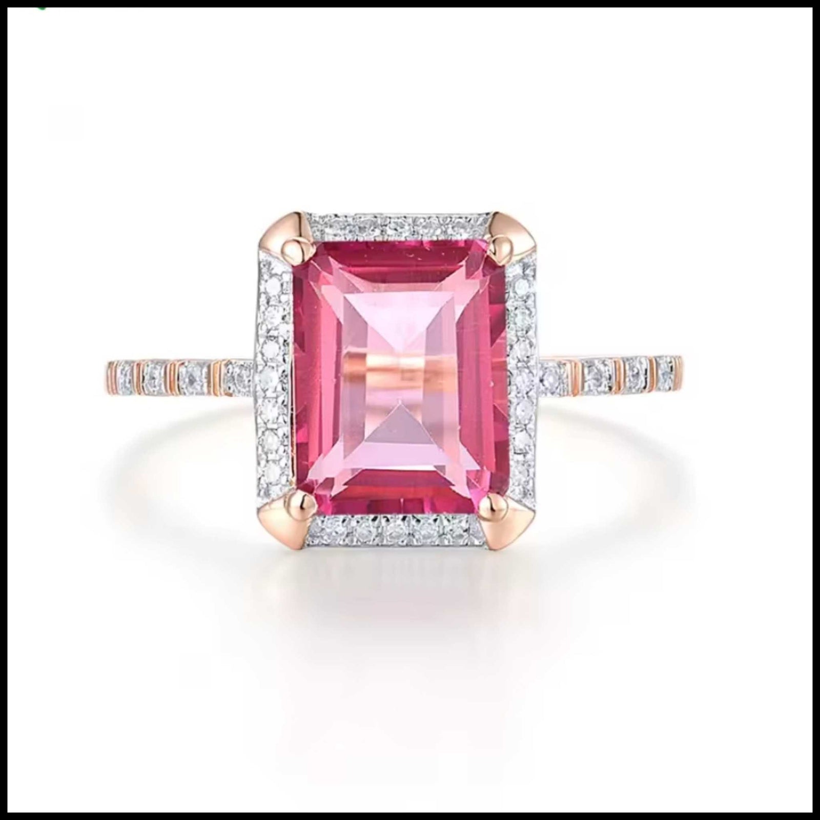 Elegant pink topaz diamond ring with emerald-cut pink topaz in 14k rose gold and surrounding diamonds
