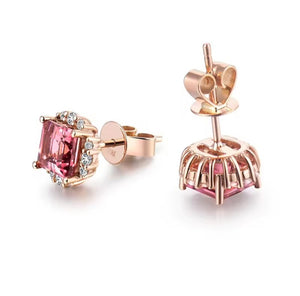 Rose gold stud earrings featuring a square pink gemstone surrounded by small clear accent stones, shown from both front and side angles on a white background.