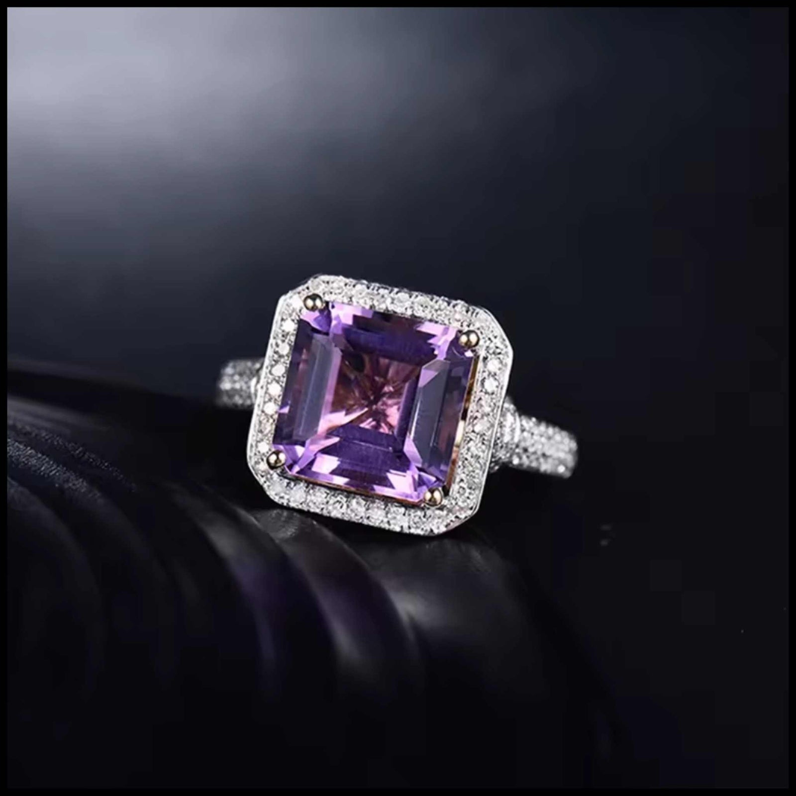 Lorna purple amethyst and diamond ring in 14k yellow gold with princess-cut diamonds and 10mm square amethyst centerpiece