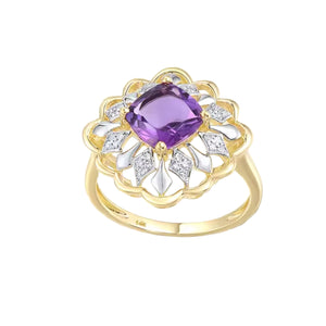 Purple amethyst and diamond flower ring in 14k yellow gold with 1.53ct amethyst and 0.07ct diamonds