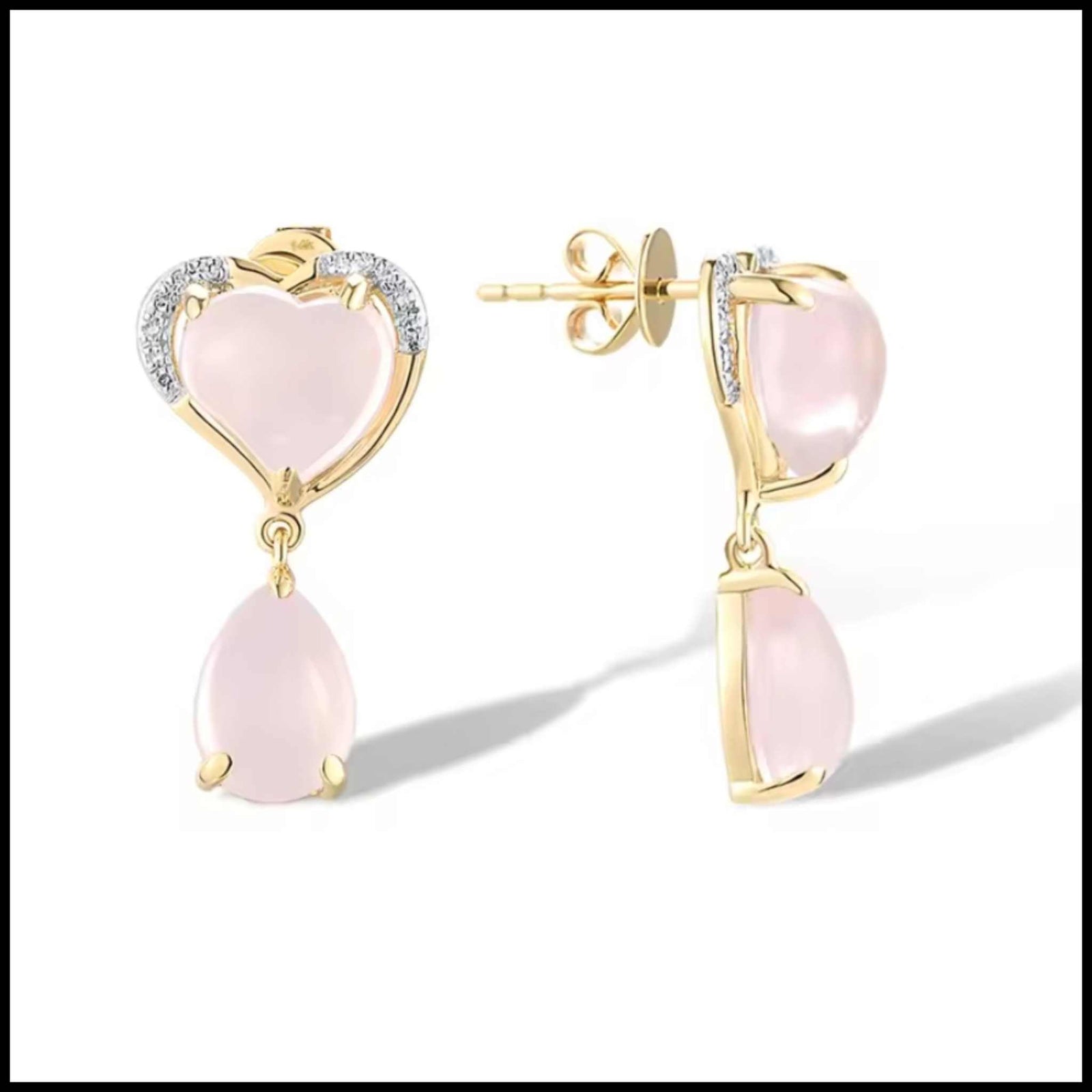 14k yellow gold quartz pink heart diamond drop earrings with natural pink quartz and diamond accents
