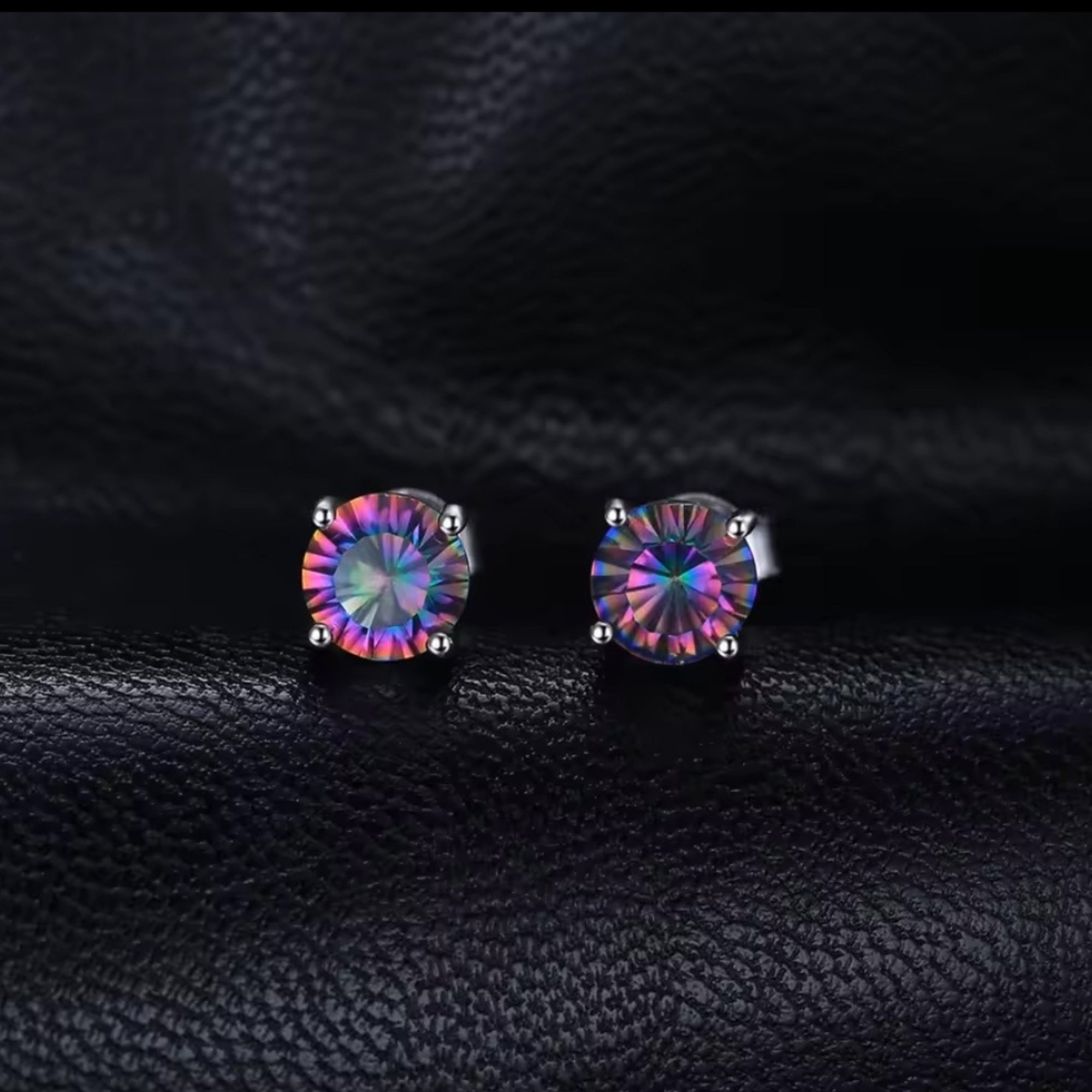 Rainbow Mystic Quartz silver stud earrings with 6mm round rainbow shimmer stones on black background