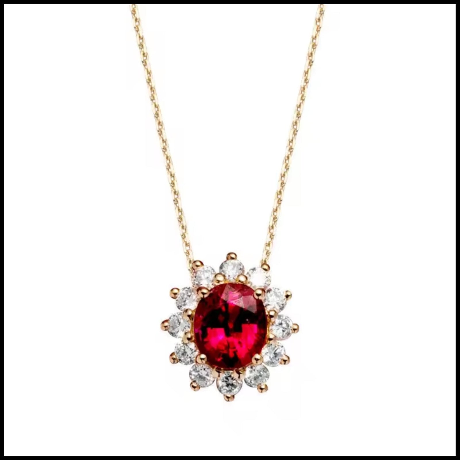 Elegant garnet necklace with red gemstone surrounded by diamonds on gold chain