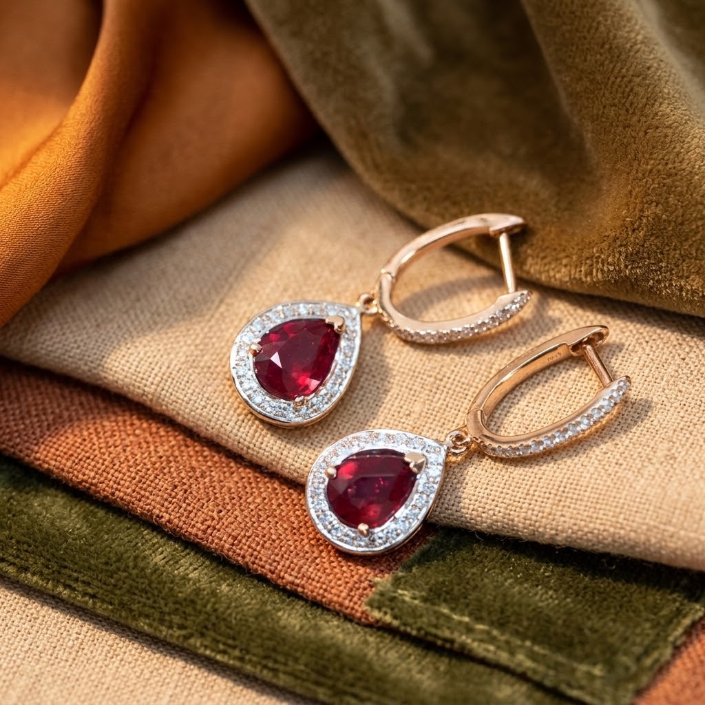A pair of gold hoop earrings with teardrop-shaped red ruby gemstones surrounded by small diamond clear stones, displayed on a textured fabric background with warm brown and olive tones.