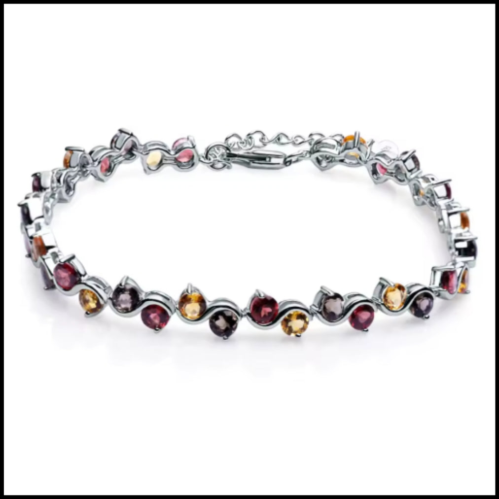 Smoky Quartz,Natural Garnet & Citrine Silver Bracelet