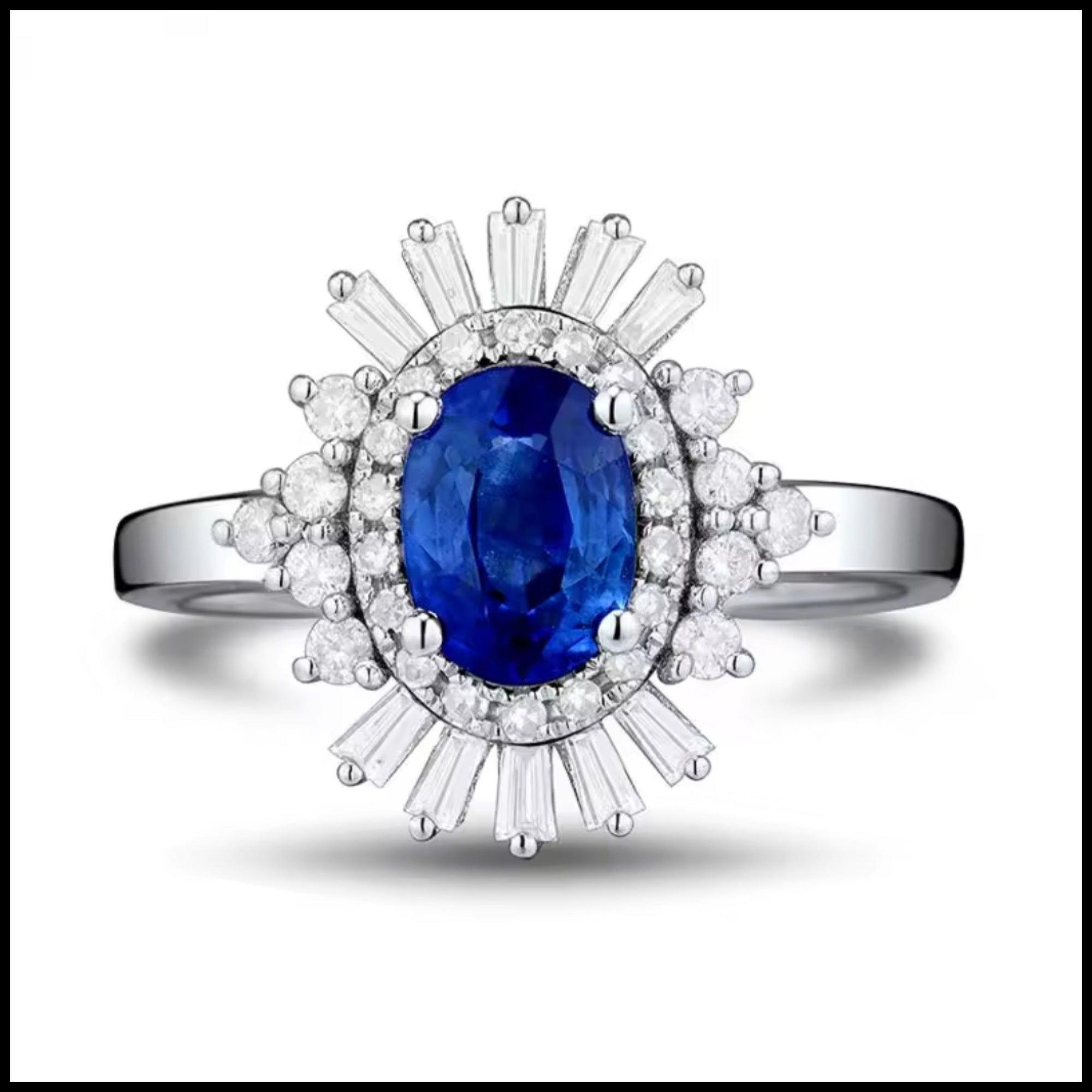 18K white gold ring with 1.02CT oval Sri Lankan blue sapphire and 0.56CT round and baguette diamonds