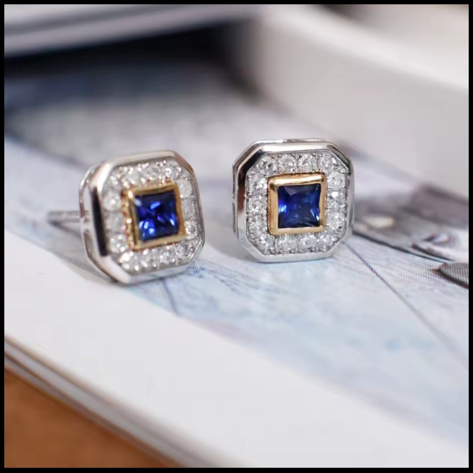 Square sapphire diamond earrings set in 18k white gold with vintage design