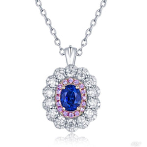 Meghan Sapphire & Diamonds 18K white gold pendant with oval blue sapphire, pink sapphires, and round diamonds
