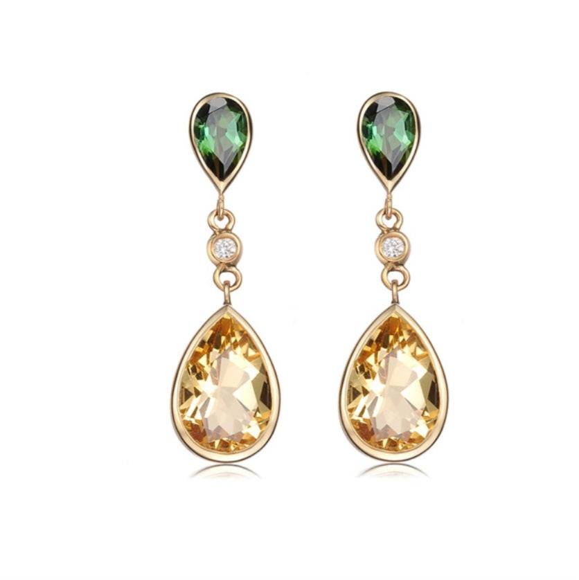 18K gold gemstone and diamond drop earrings with natural citrine and green tourmaline gemstones