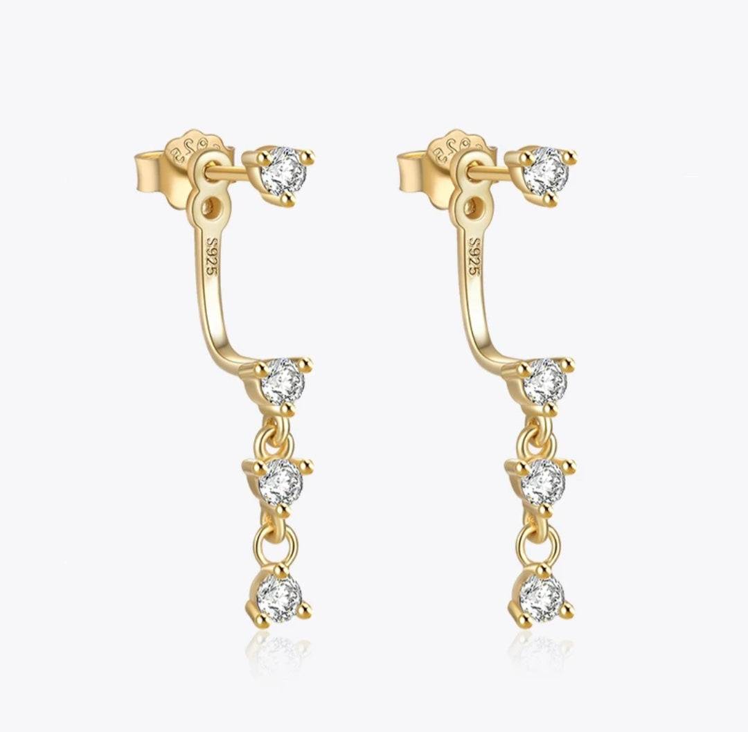 Gold stud drop earrings with dangling clear gemstones, elegant and versatile jewelry accessory