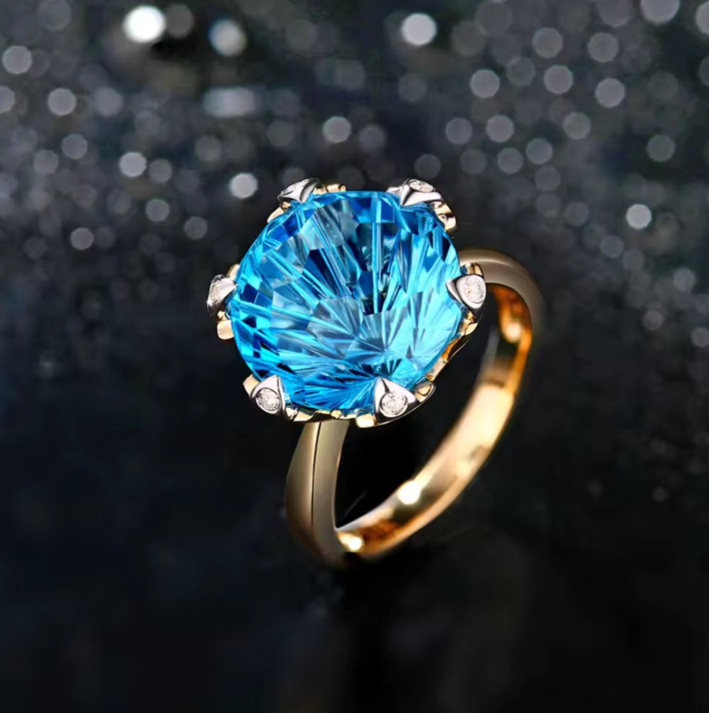 R and C Signature Piece ring with 9.68ct natural blue topaz and diamond on 14K white and yellow gold band