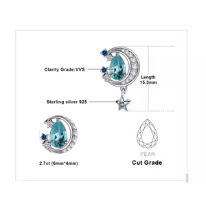 Jewellery item with blue gemstone and silver accents, featuring specifications on a white background.