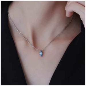 Elegant blue zircon necklace with oval cut stone on silver platinum plated chain