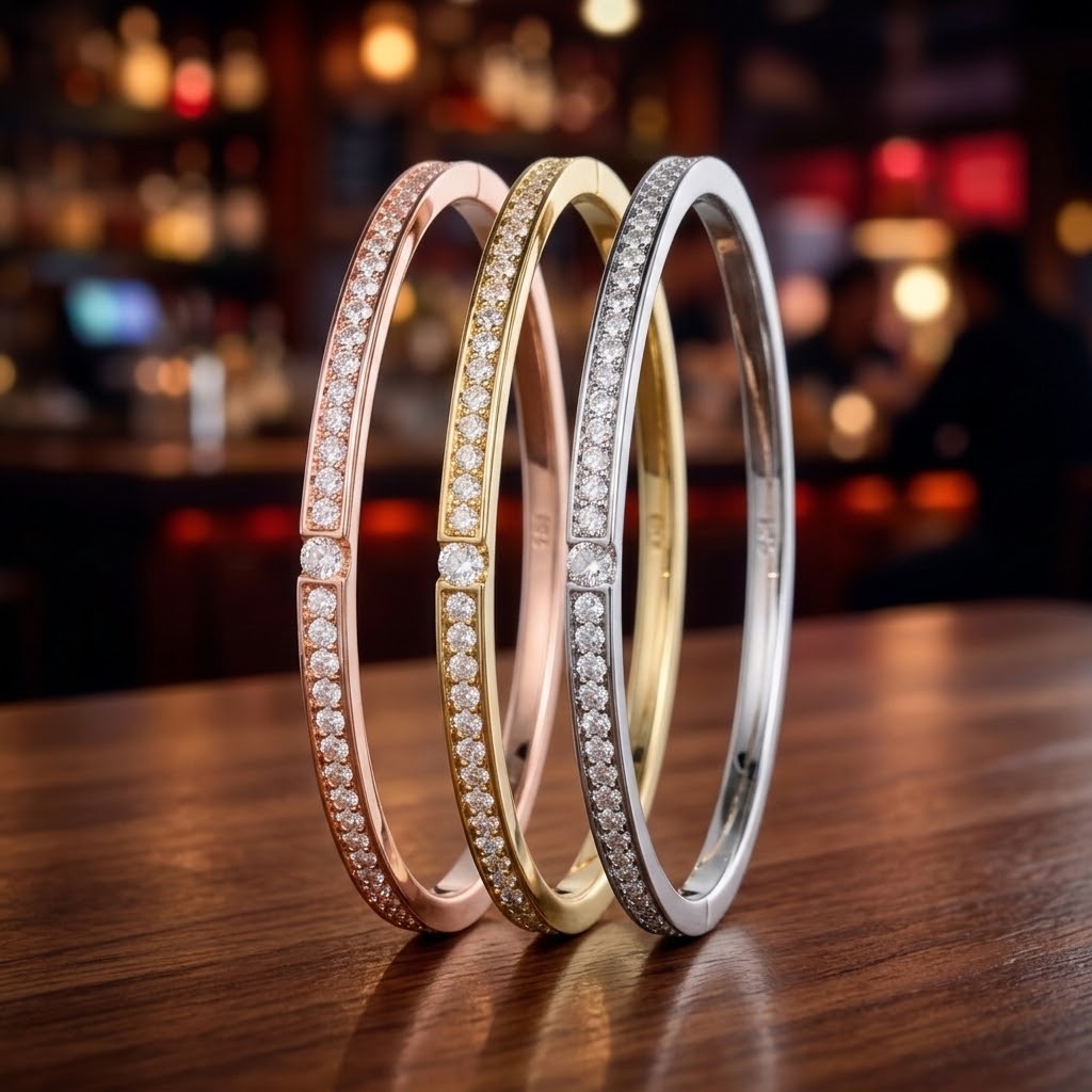 Three slim pavé bangle bracelets in rose gold, yellow gold, and silver, displayed on a wooden bar counter with a blurred bar background.