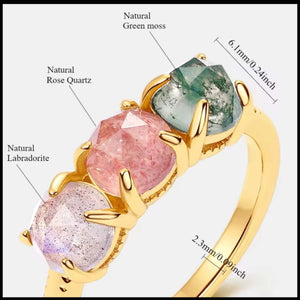 Three-stone gold ring with natural rose quartz, green moss agate, and labradorite on 10k yellow gold plated silver band