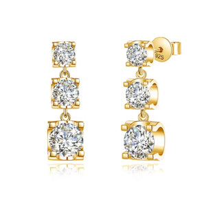 Three-stone moissanite drop earrings with colorless D-grade VVS1 stones in yellow gold plated silver setting