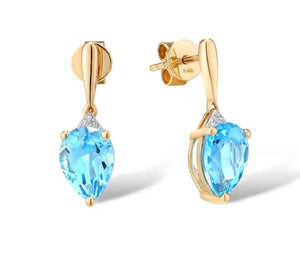 14K yellow gold earrings with pear-shaped Swiss Blue Topaz & Diamond stud design