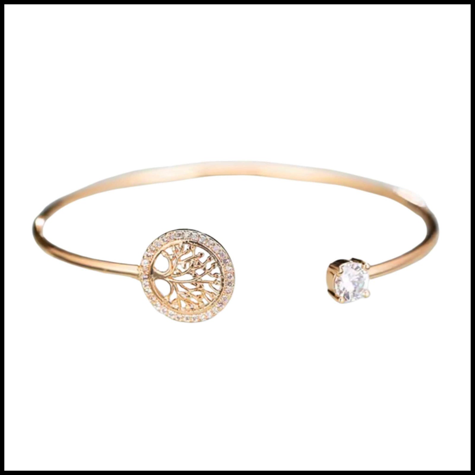 14k gold plated Tree of Life bangle bracelet with intricate tree design and sparkling gem detail