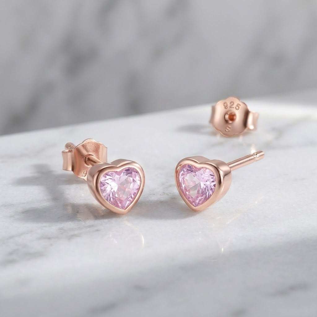 DAZZLING HEART - Zirconia Rose Gold Stud Earrings