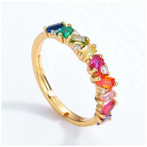 Gold plated adjustable ring in multi coloured jewellery set with vibrant rainbow stones