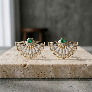 LAN - Collection - Emerald & Diamond Oriental Fan Design Earrings