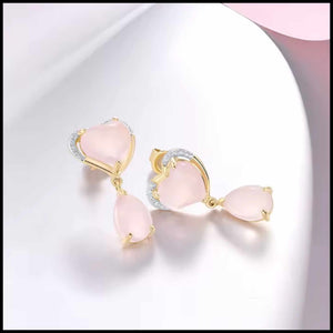 Quartz Pink Heart Diamond Drop Earrings with pale pink heart-shaped stones, yellow gold settings and sparkling diamond accents