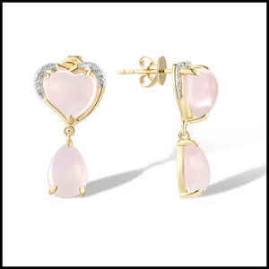 Quartz Pink Heart Diamond Drop Earrings with pale pink heart and teardrop gemstones, yellow gold settings and diamond accents