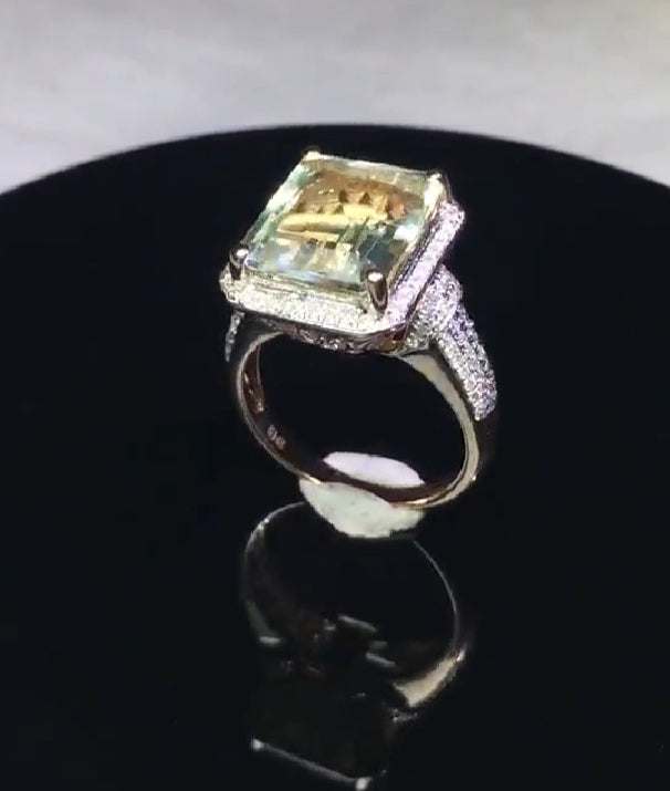 Natural Green Amethyst ring with 4.89ct emerald cut amethyst and diamond accents in 14k rose gold