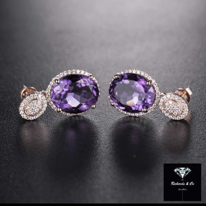 BAILEY Amethyst and Diamond Earrings in 14k rose gold with oval purple amethyst and round diamond accents