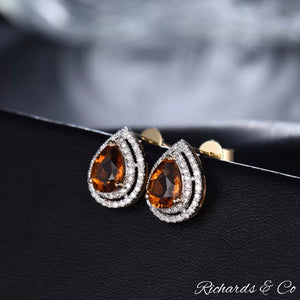 AUTUMN earrings handcrafted 14K gold stud earrings with pear-cut citrine and diamond accents in water drop shape