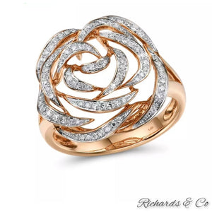 ROSALIND diamond rose gold flower ring with 98 round cut diamonds in pave setting
