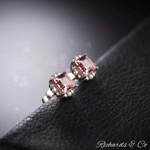 Natural pink tourmaline princess cut stud earrings in 18K rose gold with diamond accents