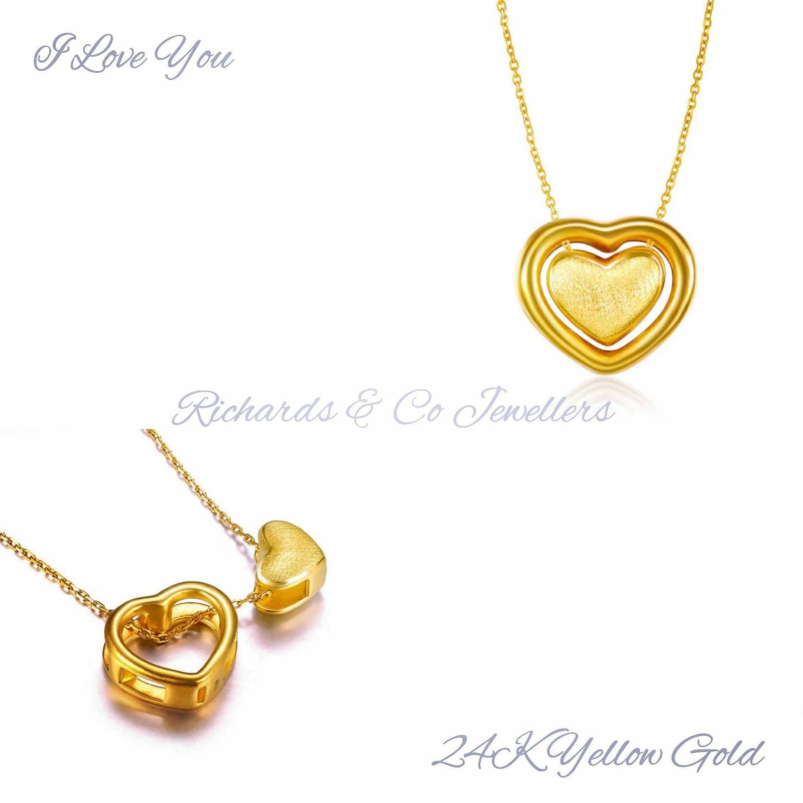 Gold Double Heart Necklace with intertwined 24K yellow gold hearts on 18K rope chain