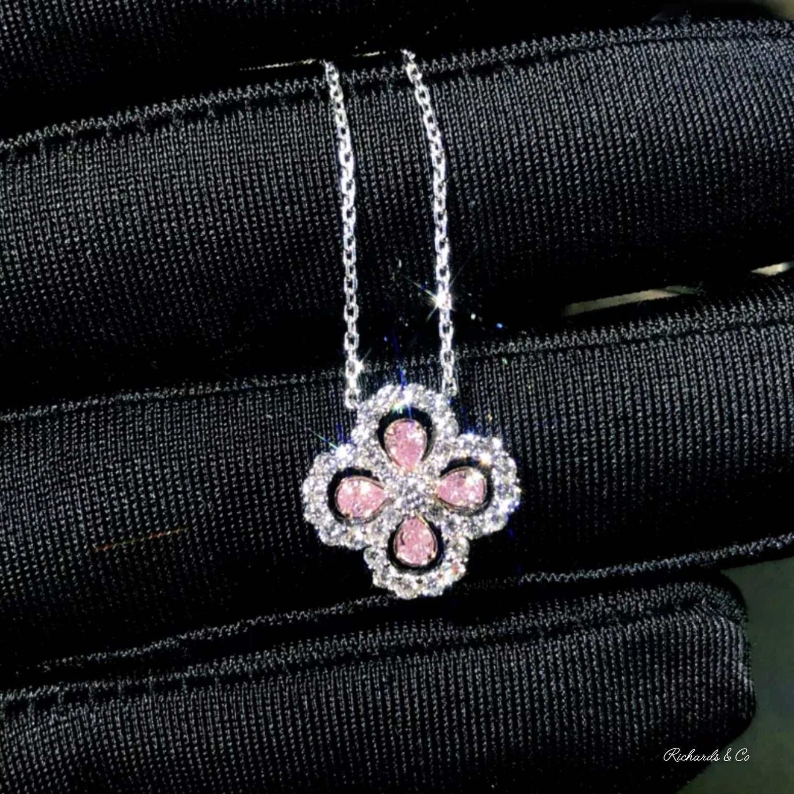 Fancy pink diamond necklace with natural pink and flawless diamonds set in 18K white gold pendant