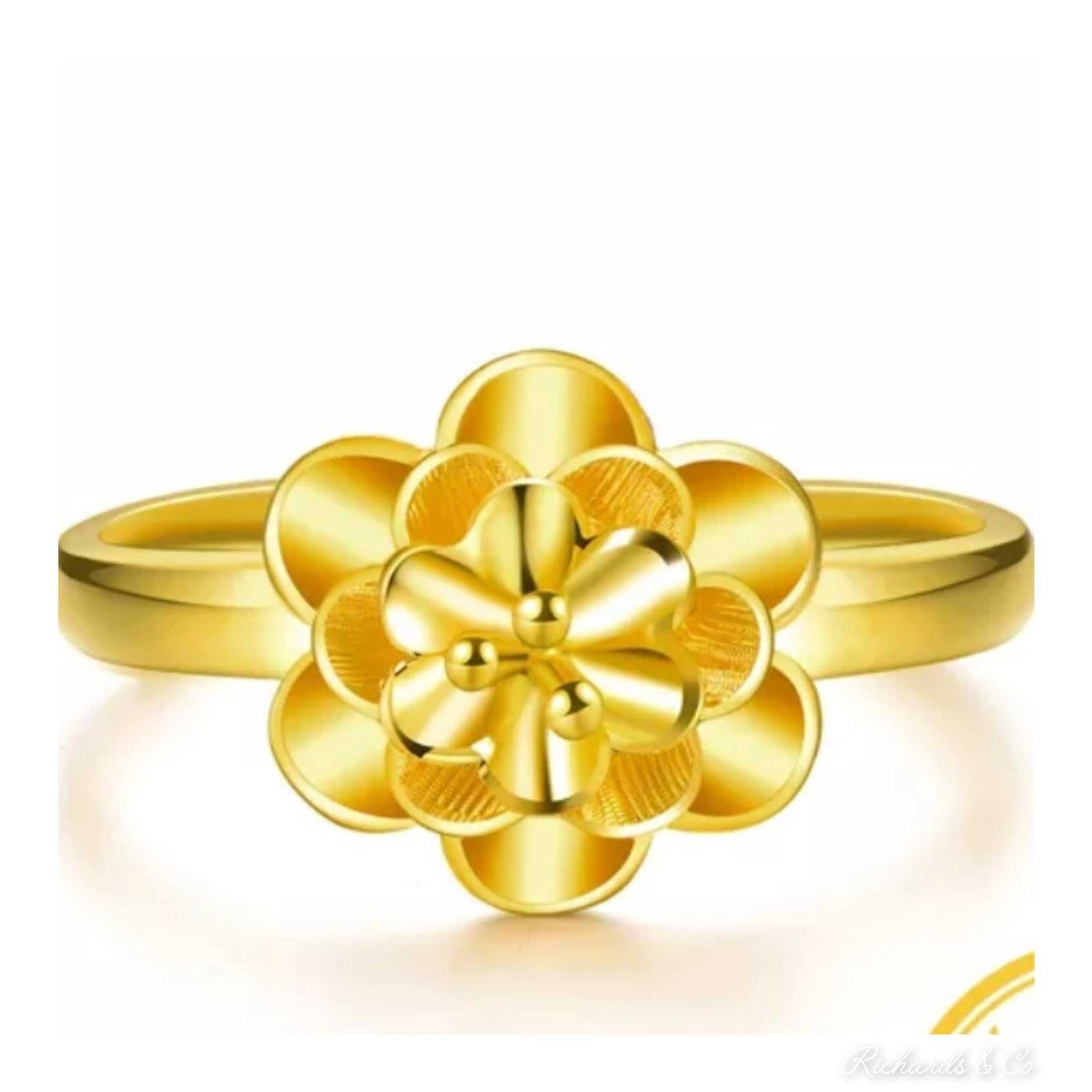 24K yellow gold flower ring with intricate gold bead detailing and elegant design