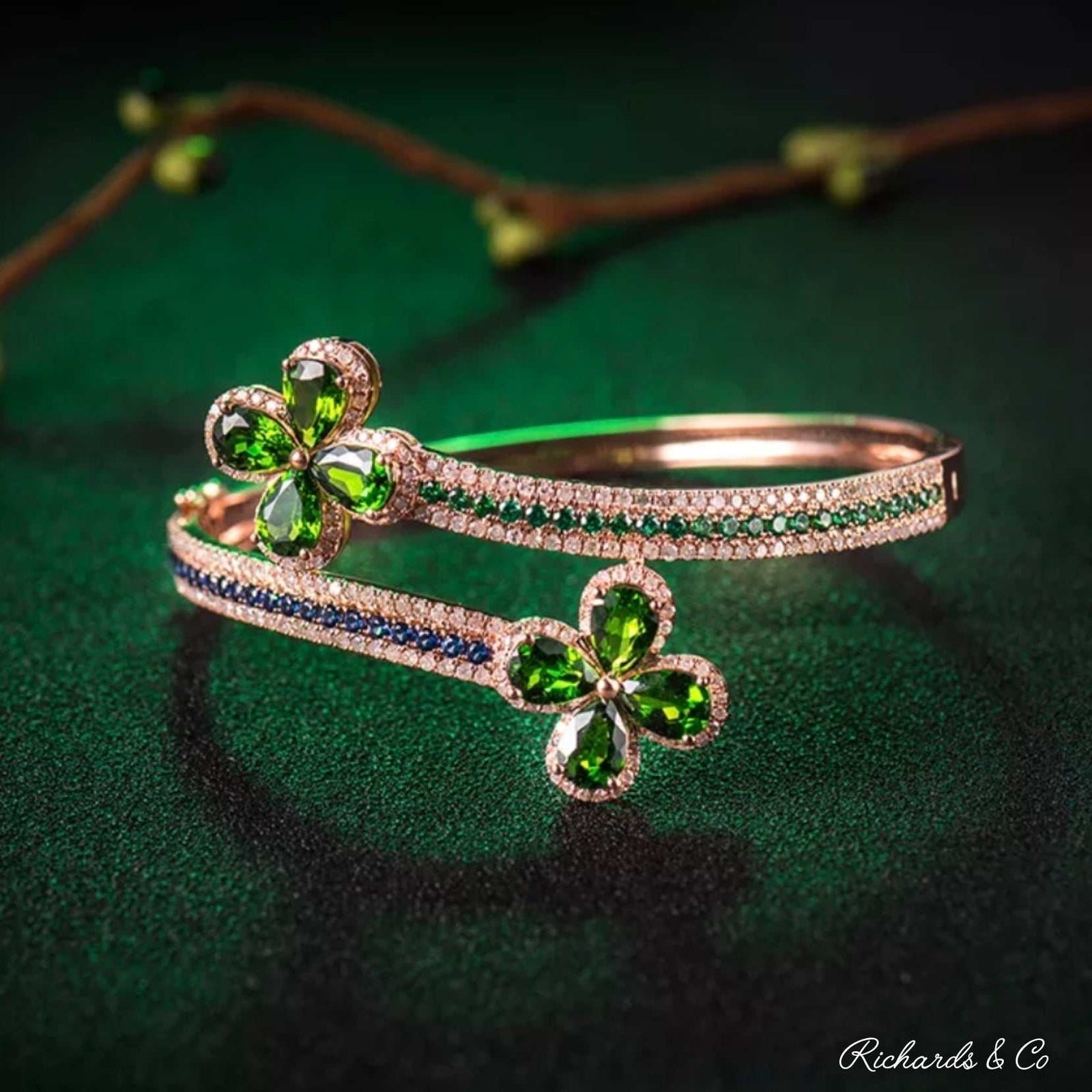 GOLDEN ANGEL bangle with tsavorite, diamonds, sapphires in 14k rose gold luxury jewelry