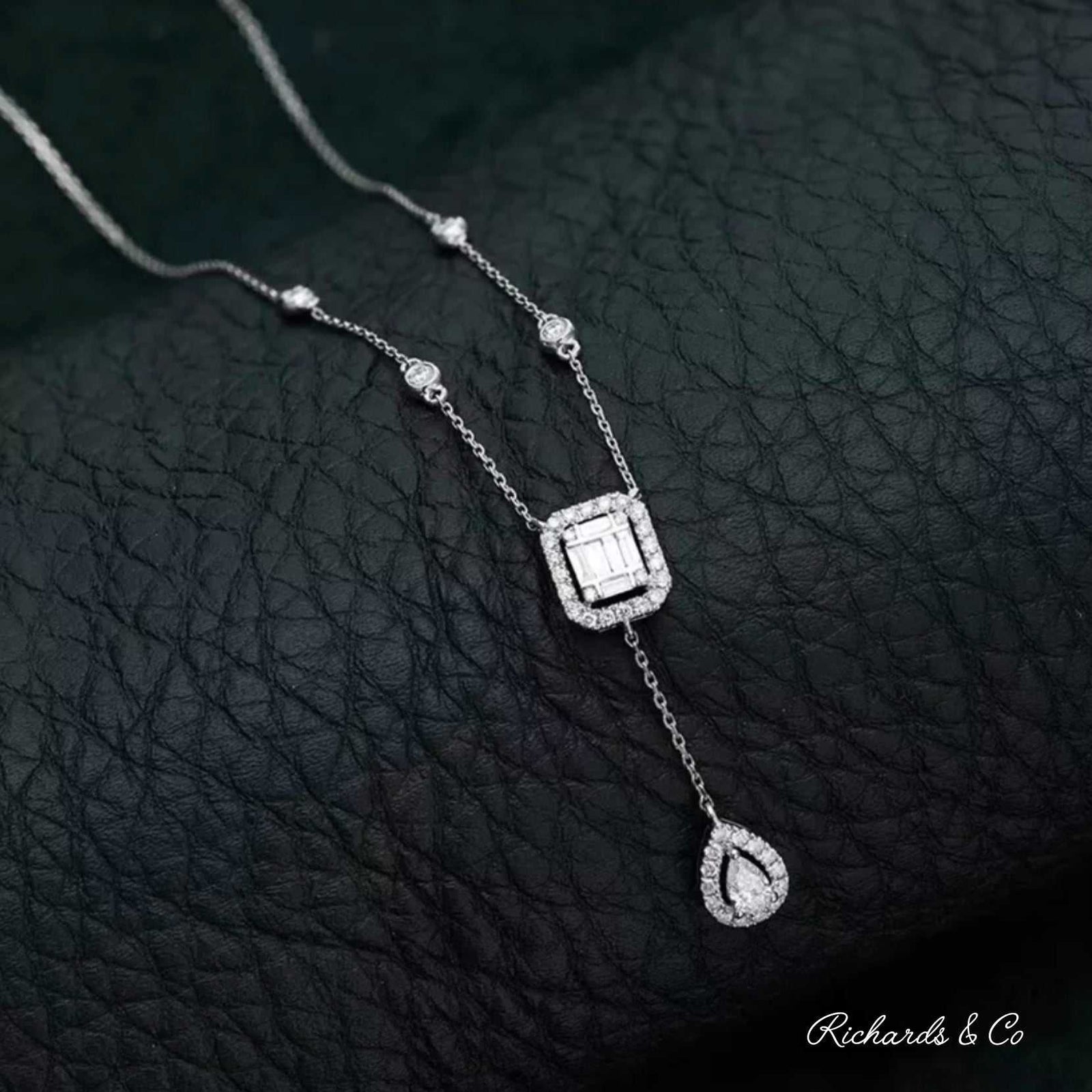 18K white gold diamond necklace with princess and pear cut diamonds, 45cm length, luxury jewelry design
